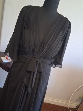 JJs House Black Pleated V-Neck Tie-Waist Maxi Dress